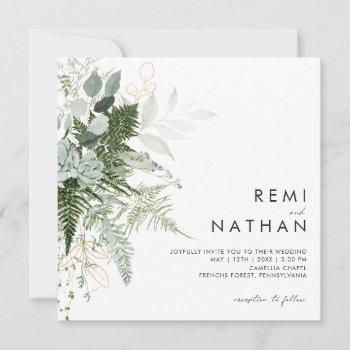 greenery and gold leaf square wedding invitation