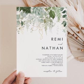 greenery and gold leaf wedding invitation