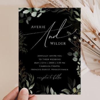 greenery black and gold wreath casual wedding invitation