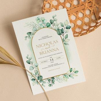 greenery boho arch eucalyptus green gold wedding invitation