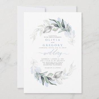 greenery dusty blue modern elegant wedding  invitation