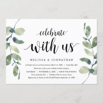 greenery eucalyptus,  black ink, wedding elopement invitation