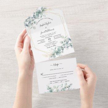 greenery eucalyptus leaves gold geometric wedding all in one invitation