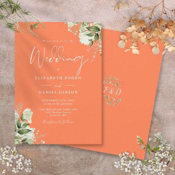 greenery floral monogram coral wedding invitation