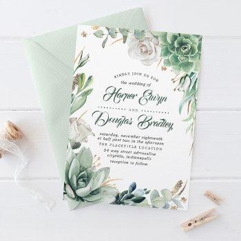 greenery | green & gold | succulent floral wedding invitation
