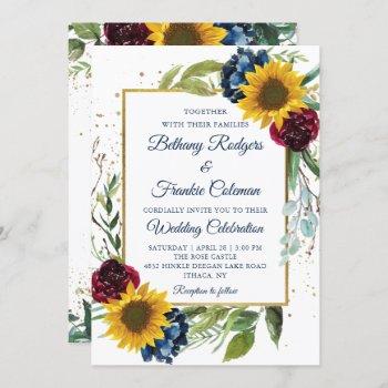 greenery sunflower floral gold glitter wedding invitation