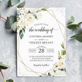 greenery white floral gold geometric wedding invitation