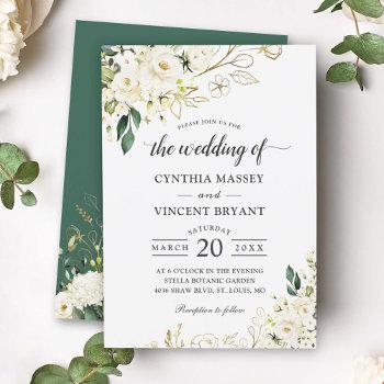 greenery white rose floral gold leaves wedding invitation