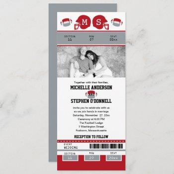 grey and red football ticket wedding invitation
