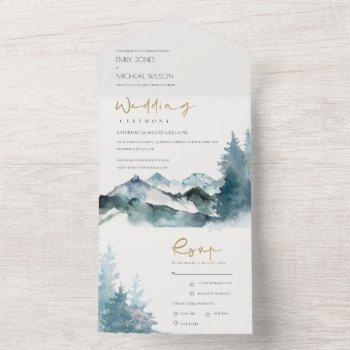 grey blush green blue mountains pine wedding all in one invitation