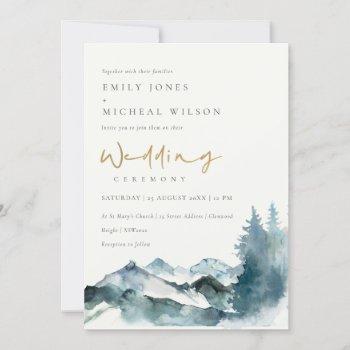 grey blush green blue mountains pine wedding invitation
