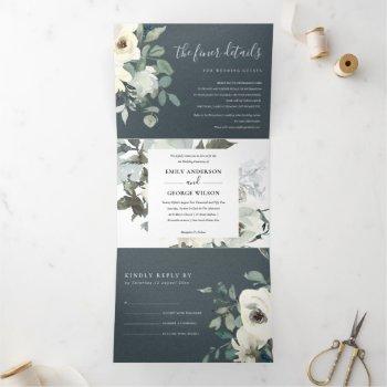 Small Grey Ivory White Floral Watercolor Bunch Wedding Tri-fold Front View