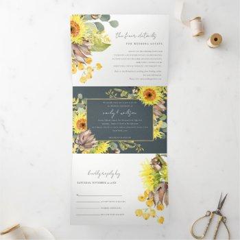 Small Grey Sunflower Eucalyptus Watercolor Flora Wedding Tri-fold Front View
