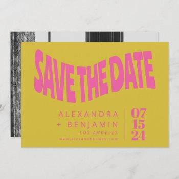 groovy retro mod unique pink yellow photo save the date