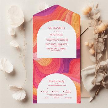 groovy retro pink and orange arch wedding all in one invitation