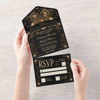 halloween elegant golden skeletons wedding all in one invitation