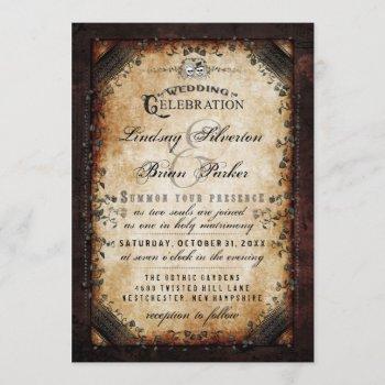 halloween gothic brown skeleton wedding reception invitation