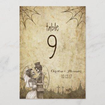 Small Halloween Wedding Table Number Skeleton Couple Front View