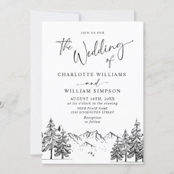 hand drawn mountains forest wedding invitation