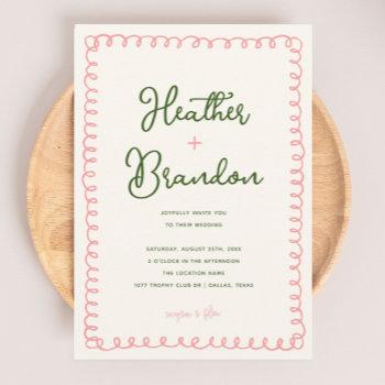 hand drawn pink and green colorful wedding invitation