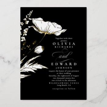 hand-drawn wildflowers elegant black wedding foil invitation