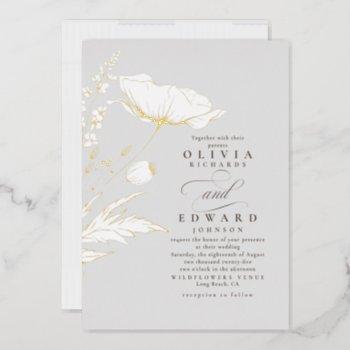 hand-drawn wildflowers elegant light grey wedding foil invitation