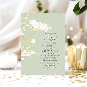 hand-drawn wildflowers elegant sage wedding foil invitation