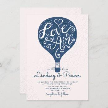 hand lettered love navy hot air balloon wedding invitation