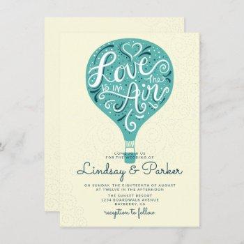 hand lettered love teal hot air balloon wedding invitation
