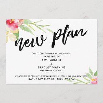 Small Handwriting "new Plan" Floral Postponed Wedding Front View
