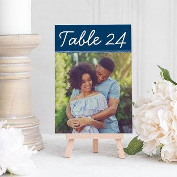 Small Handwritten Navy Blue Wedding Photo Table Number Front View