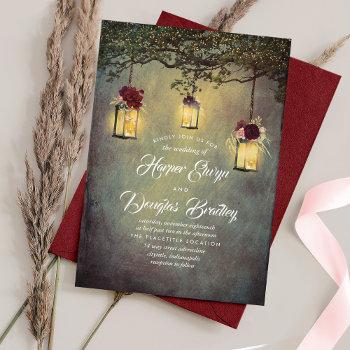 hanging lanterns burgundy red rustic wedding invitation