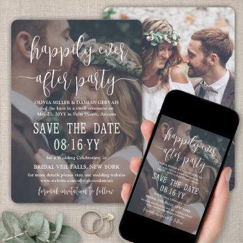 happily ever after party white text photo wedding save the date