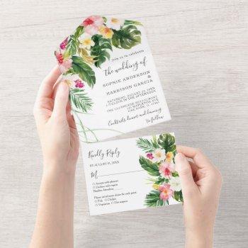 hawaiian pink hibiscus tropical floral wedding all in one invitation