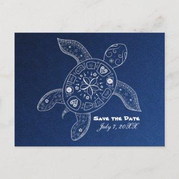 Small Hawaiian Sea Turtle White Blue Beach Save The Date Announcement Post Front View