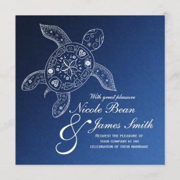 hawaiian sea turtle white on blue beach wedding invitation