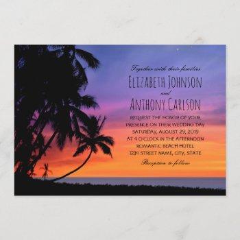 hawaiian sunset palm tree beach themed wedding invitation
