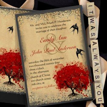 Small Heart Leaf Red Tree Vintage Birds Wedding Invites Front View