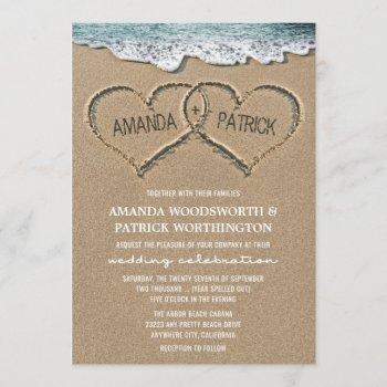 hearts in the sand beach shore wedding invitations