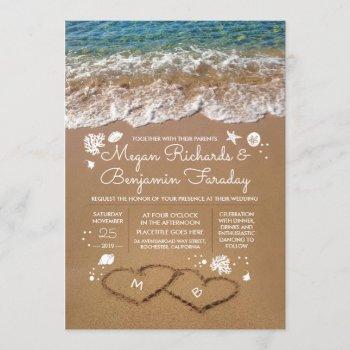 hearts in the sand summer beach wedding invitation