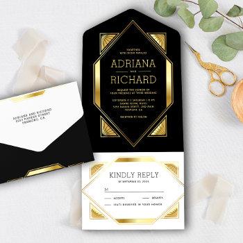 hexagon frame black and gold foil art deco wedding all in one invitation