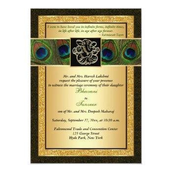 Small Hindu Ganesh Black, Gold Peacock Wedding Invite Front View