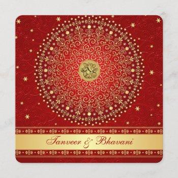 Small Hindu Ganesh Red, Gold Scrolls Engagement Invite Front View