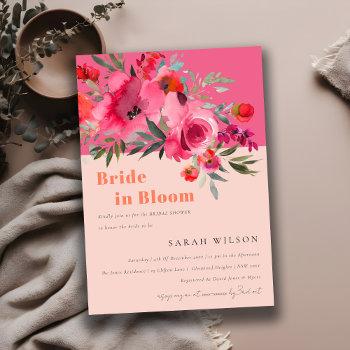 hot pink floral bride in bloom bridal shower invitation