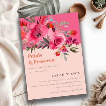 hot pink floral petals & prosecco bridal shower invitation