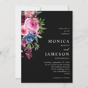 hot pink & navy blue floral wedding invitation 3 b