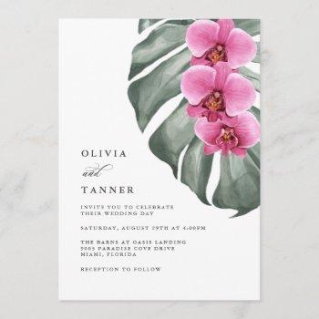 hot pink orchids on monstera tropical  wedding invitation