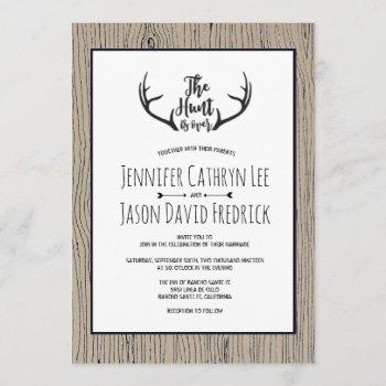 "hunt is over" rustic antler barnwood wedding invitation
