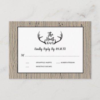 Small "hunt Is Over" Rustic Antler Barnwood Wedding Rsvp Front View