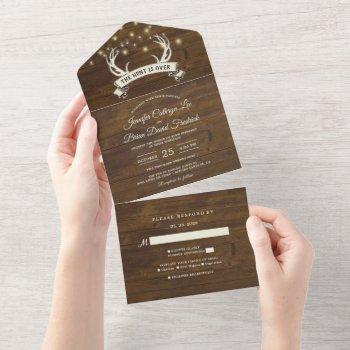 "hunt is over" rustic antler strings light wedding all in one invitation